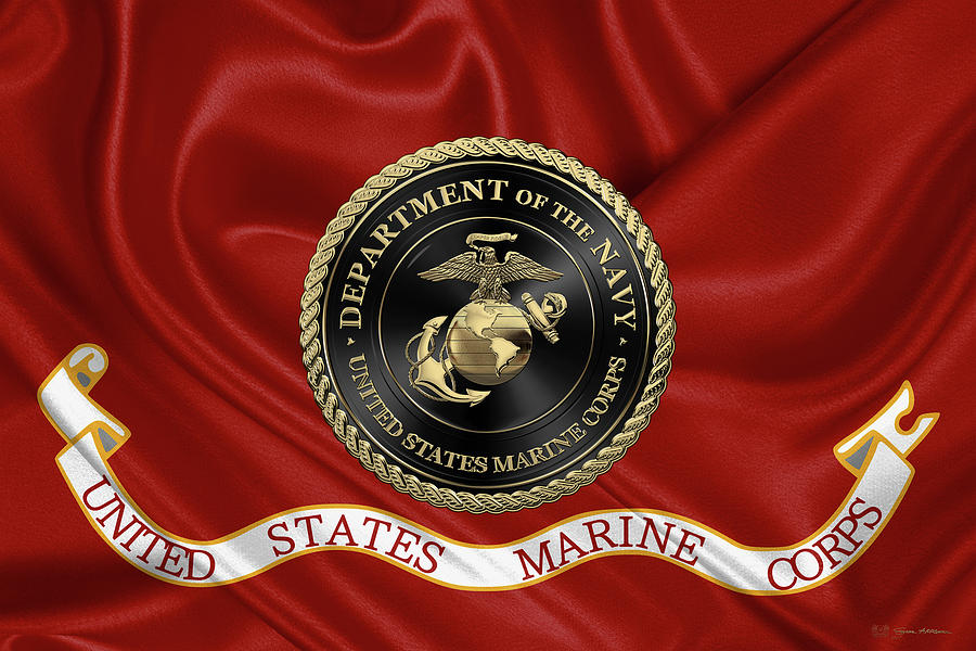 Military Digital Art - U S M C Emblem Black Edition over Flag by Serge Averbukh