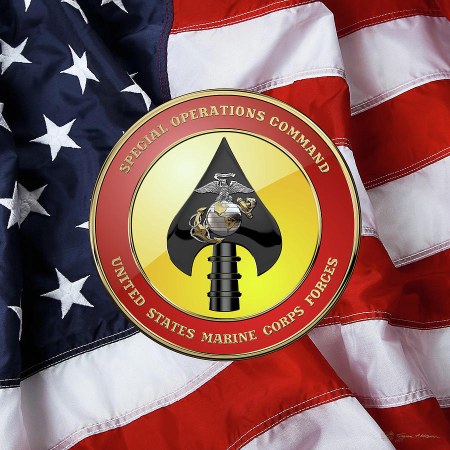 Military Digital Art - U S M C  Forces Special Operations Command -  M A R S O C        Seal over American Flag by Serge Averbukh