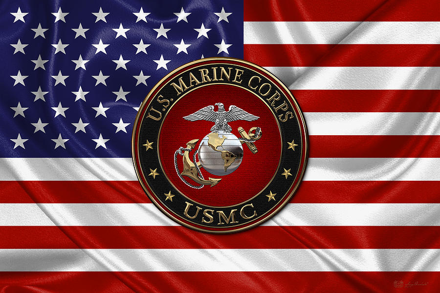 U. S.  Marine Corps - C O and Warrant Officer E G A Special Edition over U. S.  Flag Digital Art by Serge Averbukh