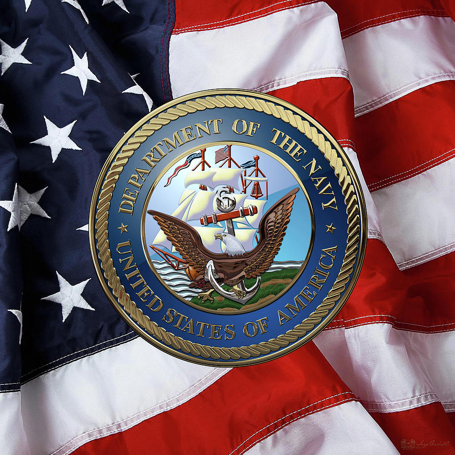 U. S.  Navy  -  U S N Emblem over American Flag Digital Art by Serge Averbukh