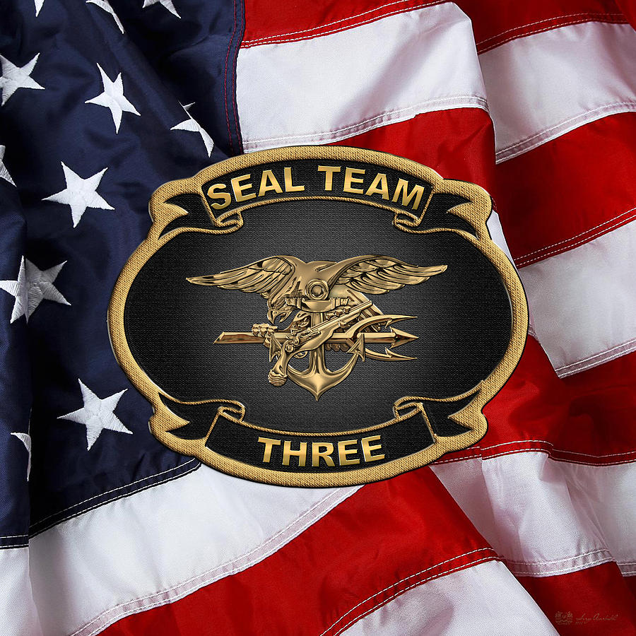 U. S. Navy S E A Ls - S E A L Team 3  -  S T 3  Patch over U.S. Flag Digital Art by Serge Averbukh