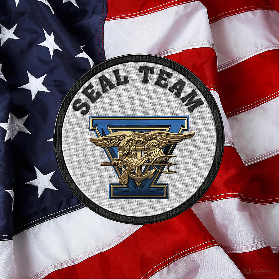 U. S. Navy S E A Ls - S E A L Team Five  -  S T 5  Patch over U. S. Flag Digital Art by Serge Averbukh