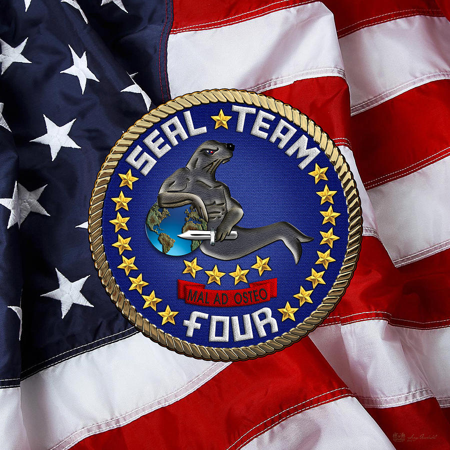 U. S. Navy S E A Ls - S E A L Team Four  -  S T 4  Patch over U. S. Flag Digital Art by Serge Averbukh
