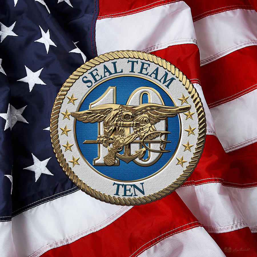 U. S. Navy S E A Ls - S E A L Team Ten  -  S T 10  Patch over U. S. Flag Digital Art by Serge Averbukh