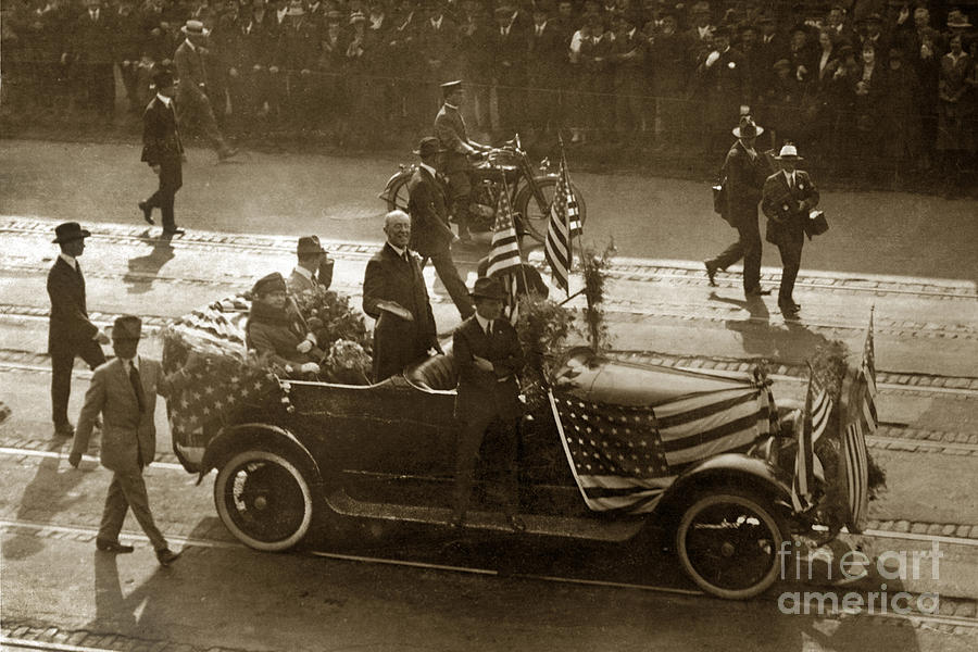 Woodrow Wilson Photograph - U. S. President President Woodrow Wilson standing in a car 1915  by Monterey County Historical Society