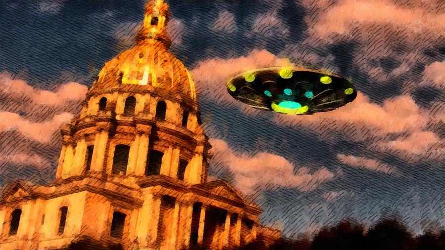 Fantasy Painting - UFO Over Paris by Esoterica Art Agency