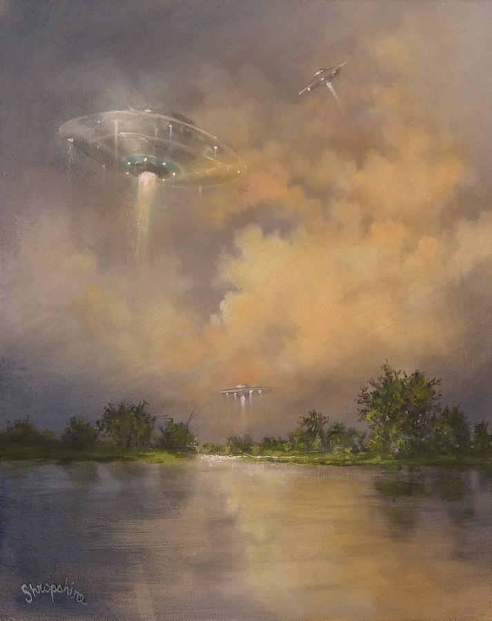 UFOs Above the Lake Painting by Tom Shropshire