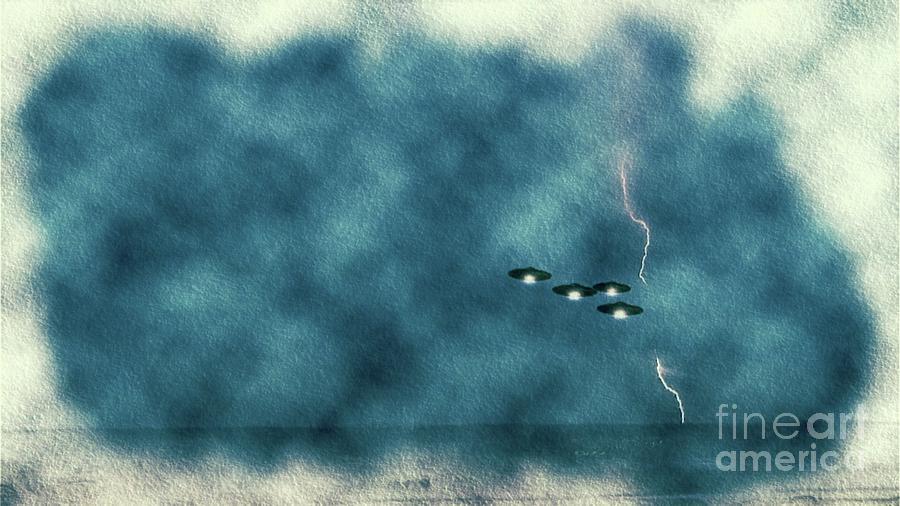Ufos In Lightning Storm Painting