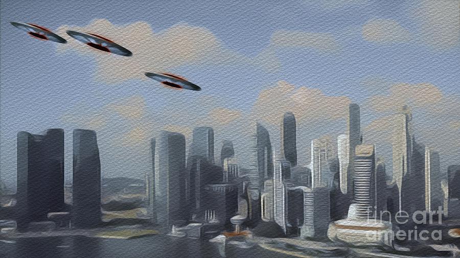 Ufos Over City Painting