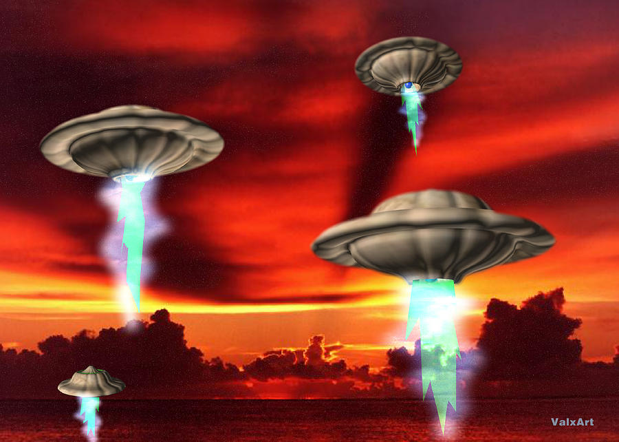 Ufo Digital Art - Ufos rise at sunset by By ValxArt