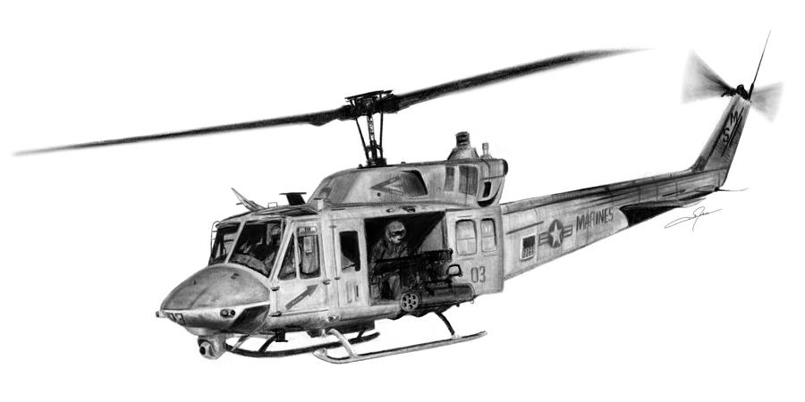 Helicopter Drawing - UH-1N Iroquois by Dale Jackson