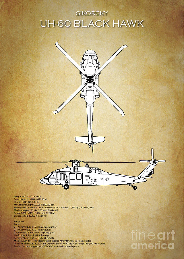 Helicopter Digital Art - UH-60 Blackhawk Blueprint by Airpower Art