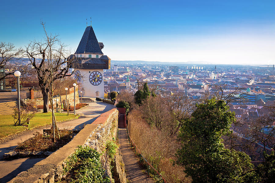 Uhrturm landmark and Graz cityscape aerial view Photograph by Brch Photography