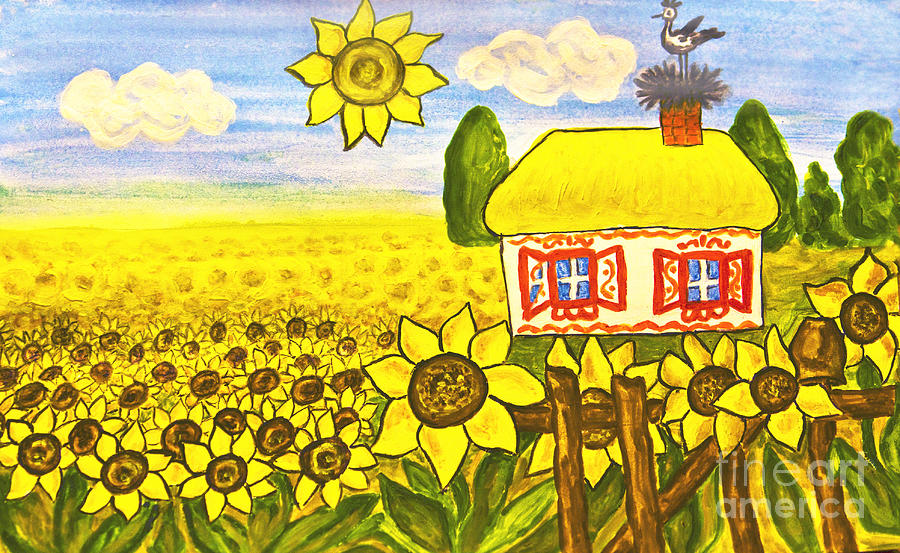 Ukrainian house with sunflowers Painting by Irina Afonskaya