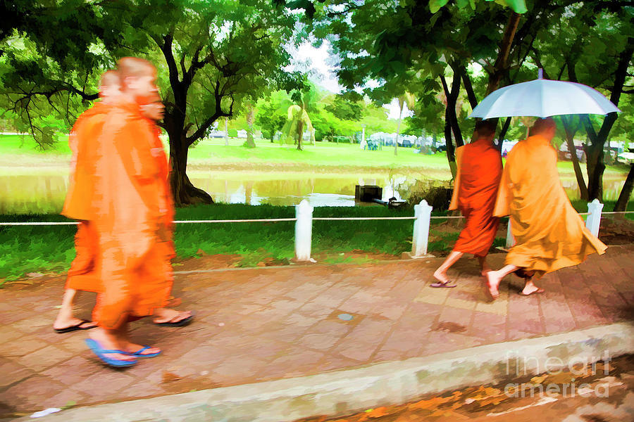 Cambodian Photograph - Umbrella Monks Stroll Paint  by Chuck Kuhn