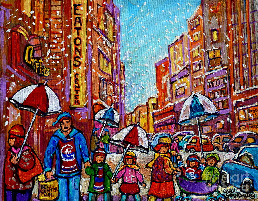 Winter Painting - Umbrella Painting Snowy Rainy Day Rue St Catherine April Snow Showers Downtown Montreal Art        by Carole Spandau