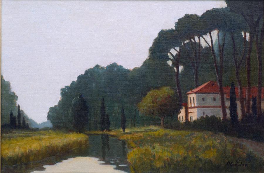 Umbrella Pines Tuscany river scene Painting by David Olander