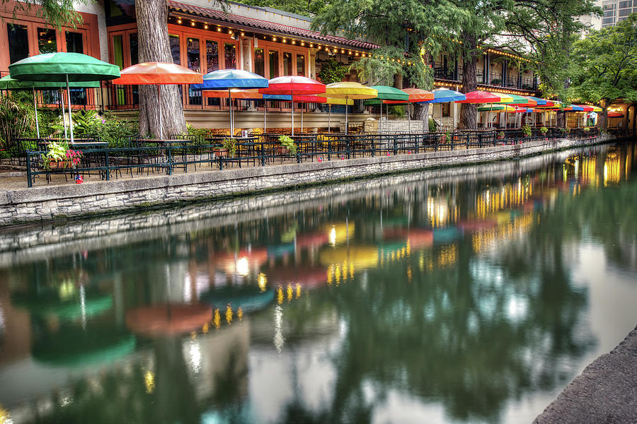 San Antonio Photograph - Umbrella Reflections - San Antonio Riverwalk by Gregory Ballos