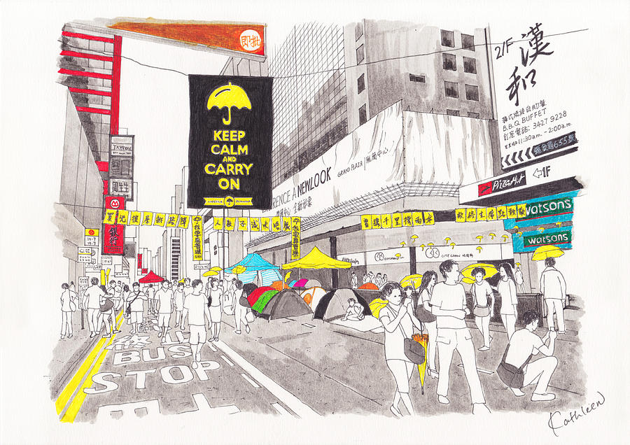 Umbrella Revolution Drawing - Umbrella Revolution 5 HK 2014 by Kathleen Wong