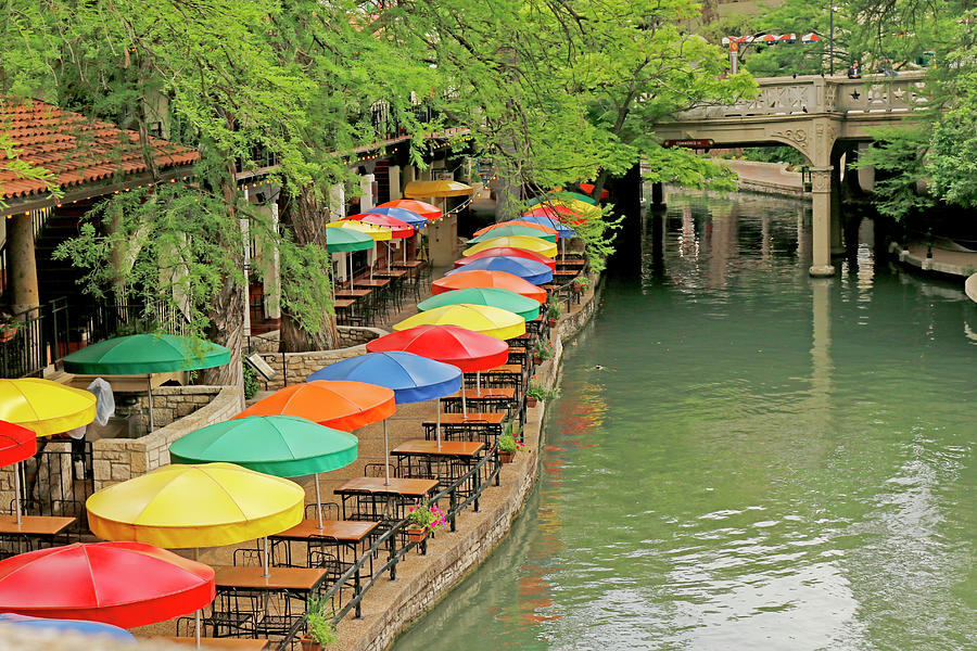 Umbrellas Along River Walk - San Antonio Photograph by Art Block Collections