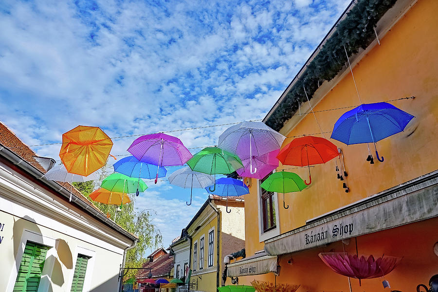 Umbrellas Hanging In Szentendre, Hungary Photograph by Rick Rosenshein