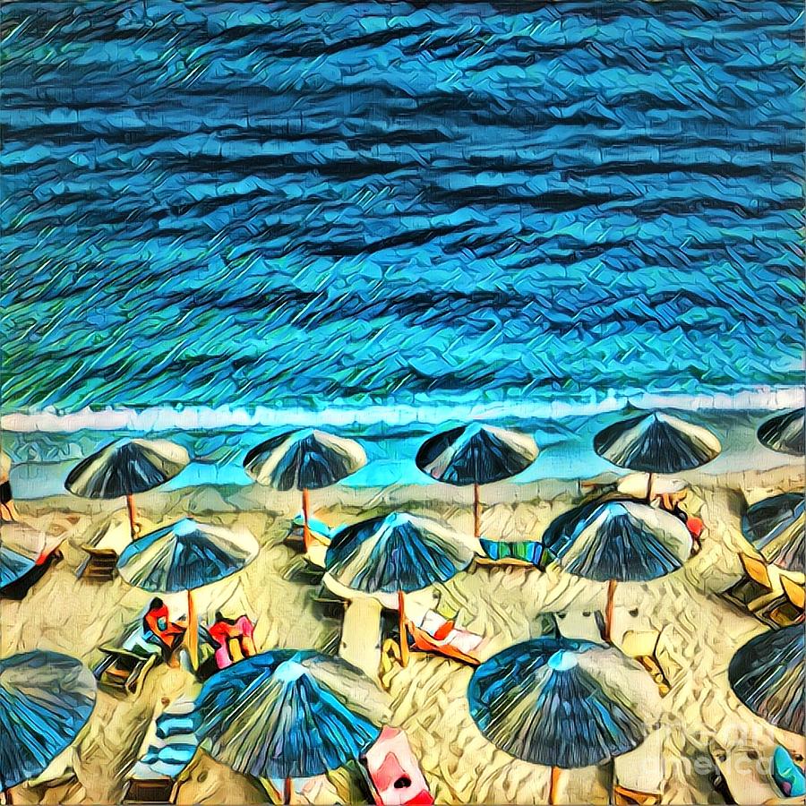 Umbrellas on the beach Painting by Amy Cicconi
