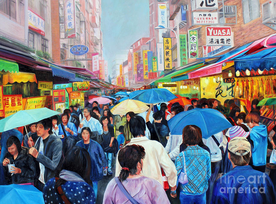 Umbrellas up in Taiwan Painting by Karen Cade