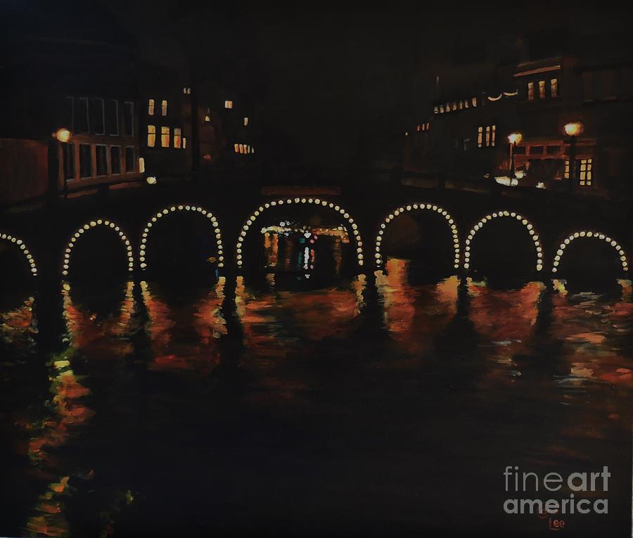 Under a Lighted Bridge in Amsterdam Painting by Cami Lee