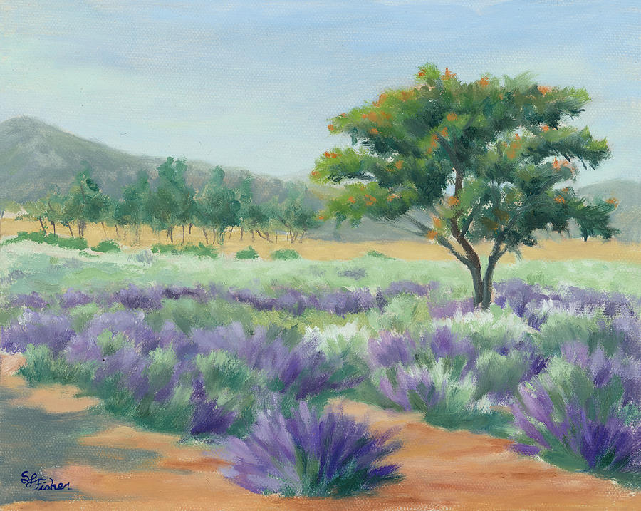 Under Blue Skies in Lavender Fields Painting by Sandy Fisher