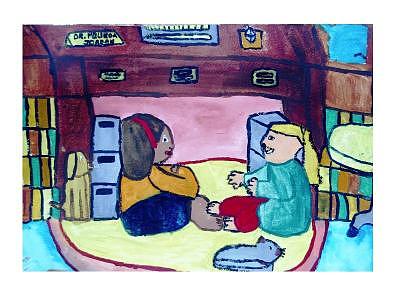 Two Girls Painting - Under Mommas Desk by Annie Dameron Two Girls Painting - Under Mommas Desk by Annie Dameron