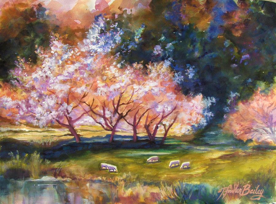 Sheep Grazing Painting - Under the Blossom Trees SOLD by Tf Bailey