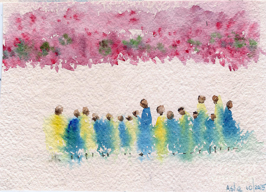 Under The Canopy Of Cherry Blossoms Painting by Asha Sudhaker Shenoy