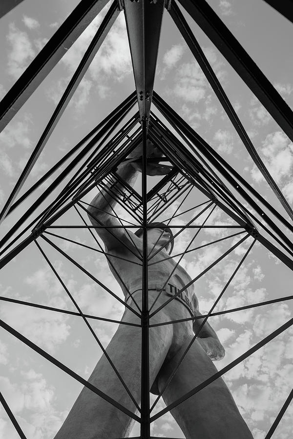 Under the Tulsa Driller - Oklahoma Iconic Statue BW Photograph by Gregory Ballos