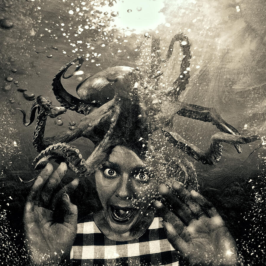 Underwater Nightmare Black and White Digital Art by Marian Voicu