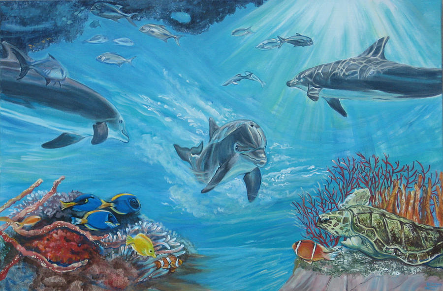 Dolphin Painting - Underwater Scene with Sea Turtle by Diann Baggett