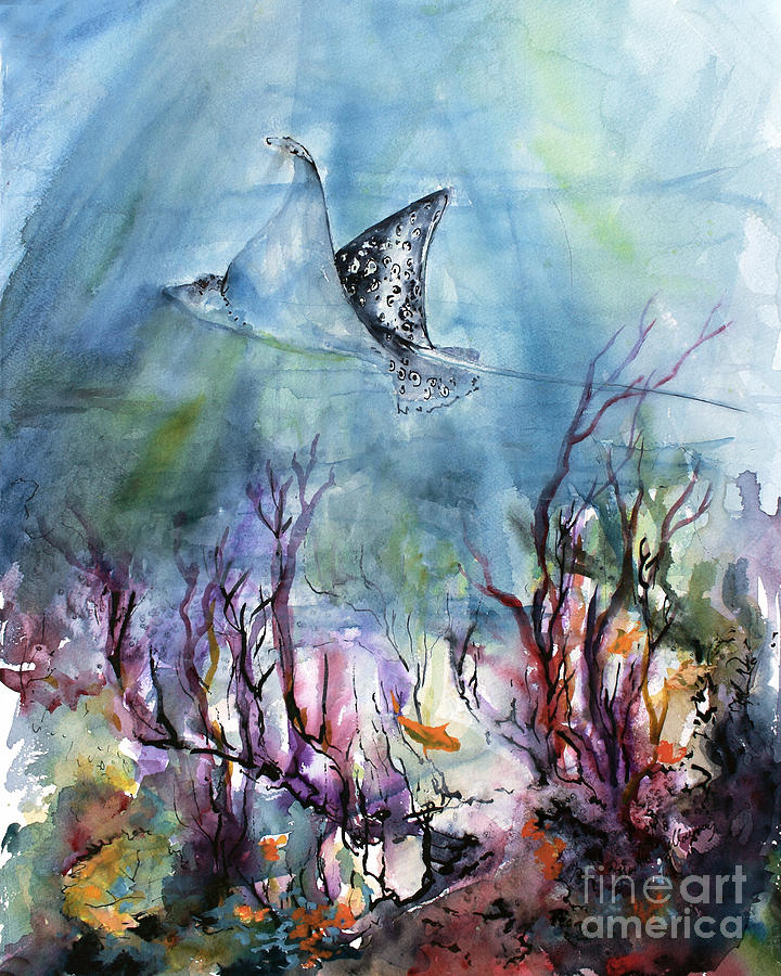 Underwater World Ray and Coral Reefs Painting by Ginette Callaway
