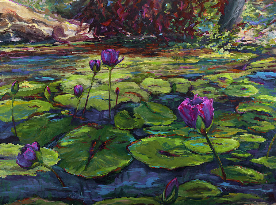 Unfolding by the lily pond Painting by Patricia Maguire