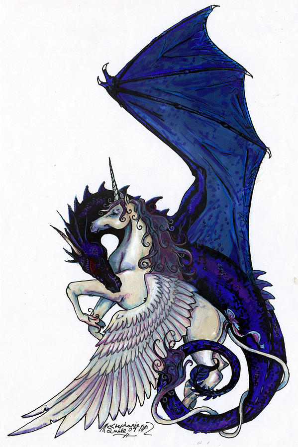 Dragon Drawing - Unicorn and Dragon by Stephanie Small