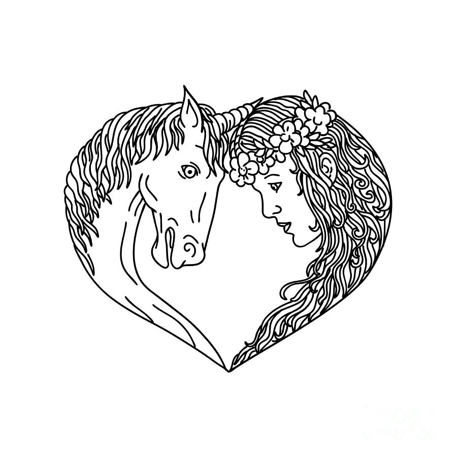 Unicorn and Maiden Heart Drawing Digital Art by Aloysius Patrimonio