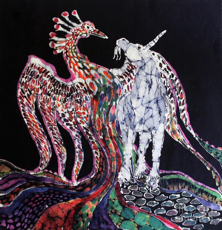 Unicorn and Phoenix Merge Paths Tapestry - Textile by Carol Law Conklin