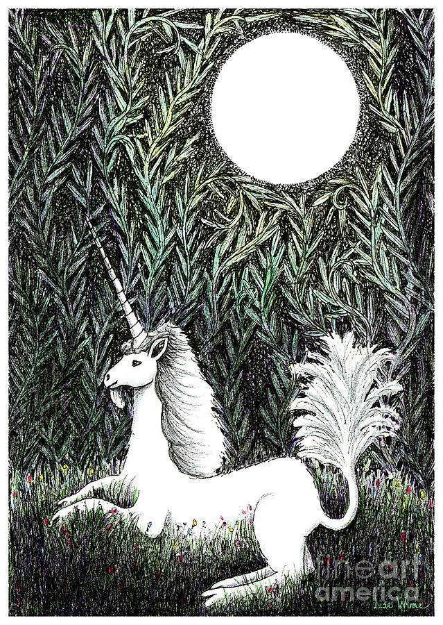 Unicorn in Moonlight Drawing by Lise Winne