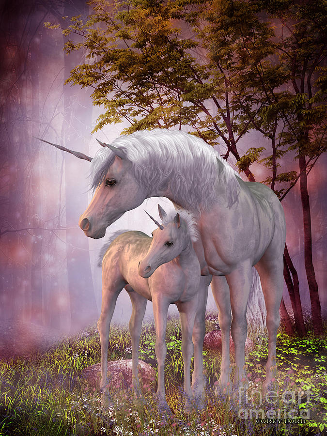 Unicorn Mare and Foal Painting by Corey Ford