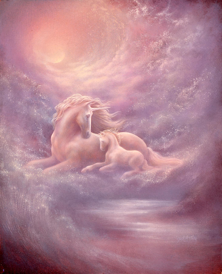 Unicorn Painting - Unicorn Mare and Foal by Jack Shalatain