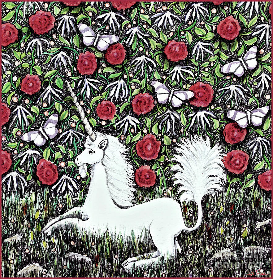 Unicorn with Red Roses and Butterflies Digital Art by Lise Winne