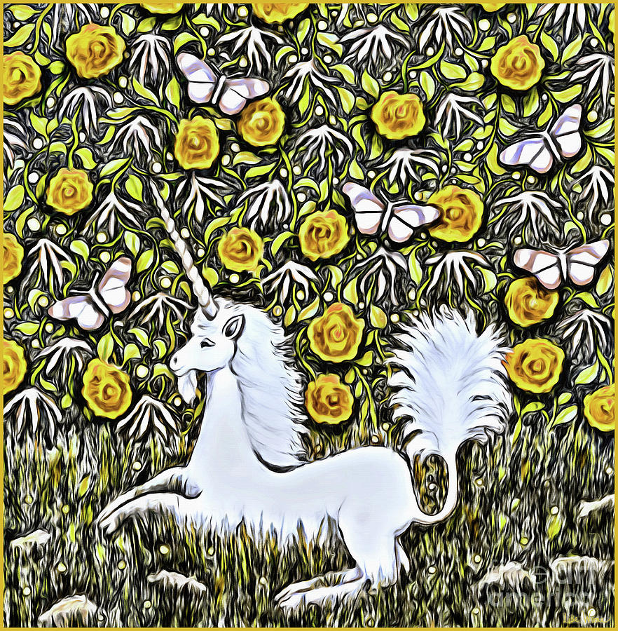 Unicorn with Yellow Flowers and Butterflies Photograph by Lise Winne