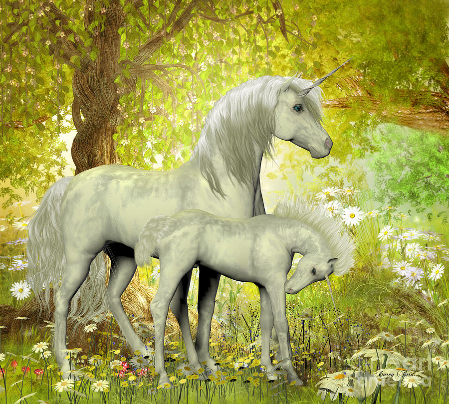 Unicorns and White Daisies Painting by Corey Ford