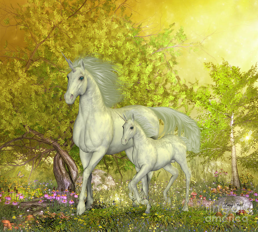 Unicorns in Glen Painting by Corey Ford