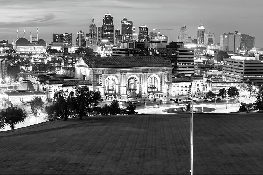 Union Station And The Kansas City Skyline Black And White Photograph