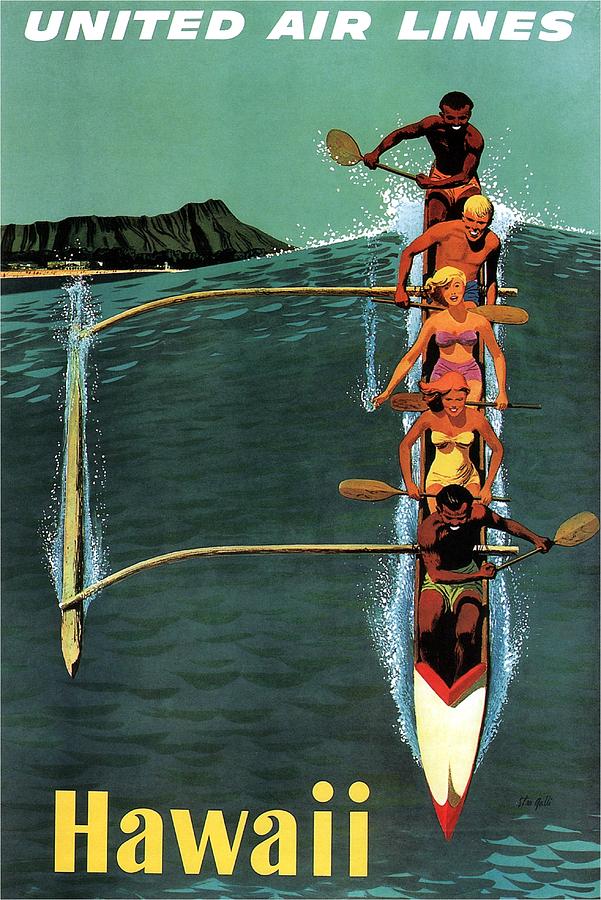 Vintage Mixed Media - United Air Lines to Hawaii - Riding With Outrigger - Retro travel Poster - Vintage Poster by Studio Grafiikka