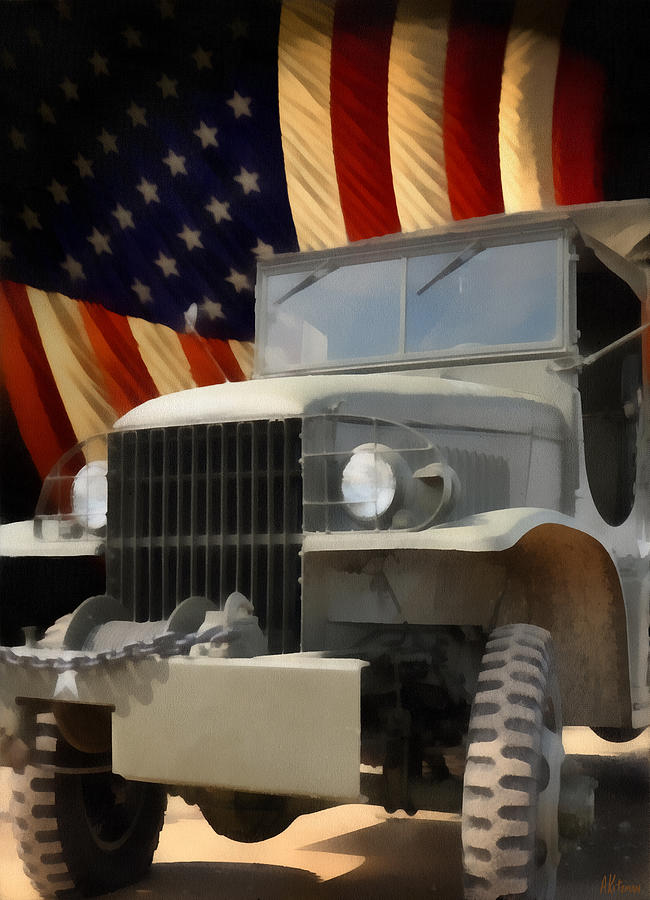 United States Army Truck and American Flag  Painting by Anne Kitzman